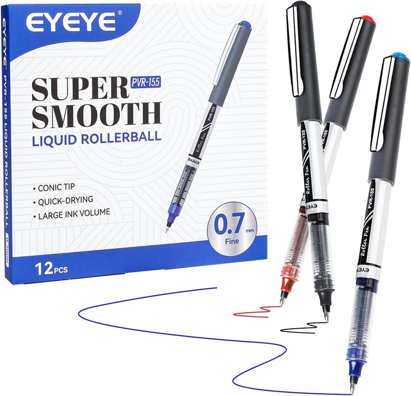 EYEYE أقلام حبر سائل رولر بول 0.7 مم، قلم رولر بول متوسط النقطة 12 عبوة 3 ألوان جاف سريع، أقلام حبر دقيقة الكتابة بسلاسة لتدوين الملاحظات، وتدوين الملاحظات، ولوازم المكتب، والمدرسة - Image 1